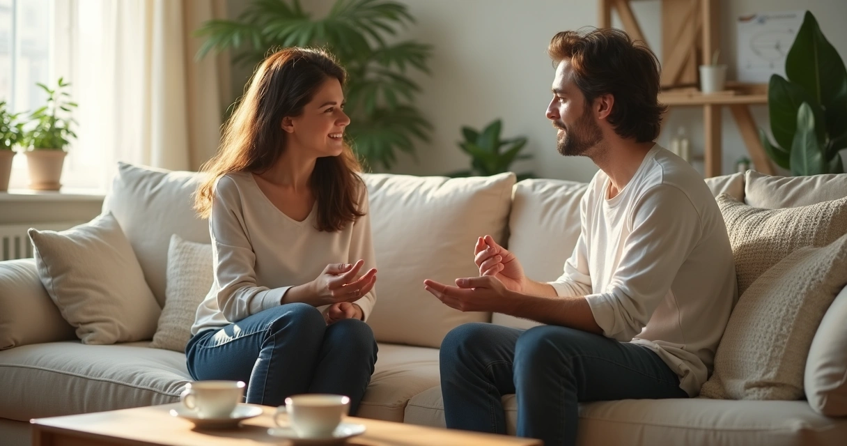 Pareja conversando de frente en un sofá con gesto sereno 