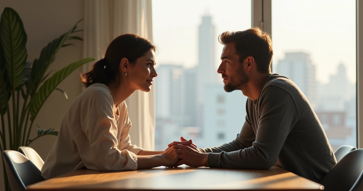 Pareja sentada frente a frente conversando con conexión y calma 