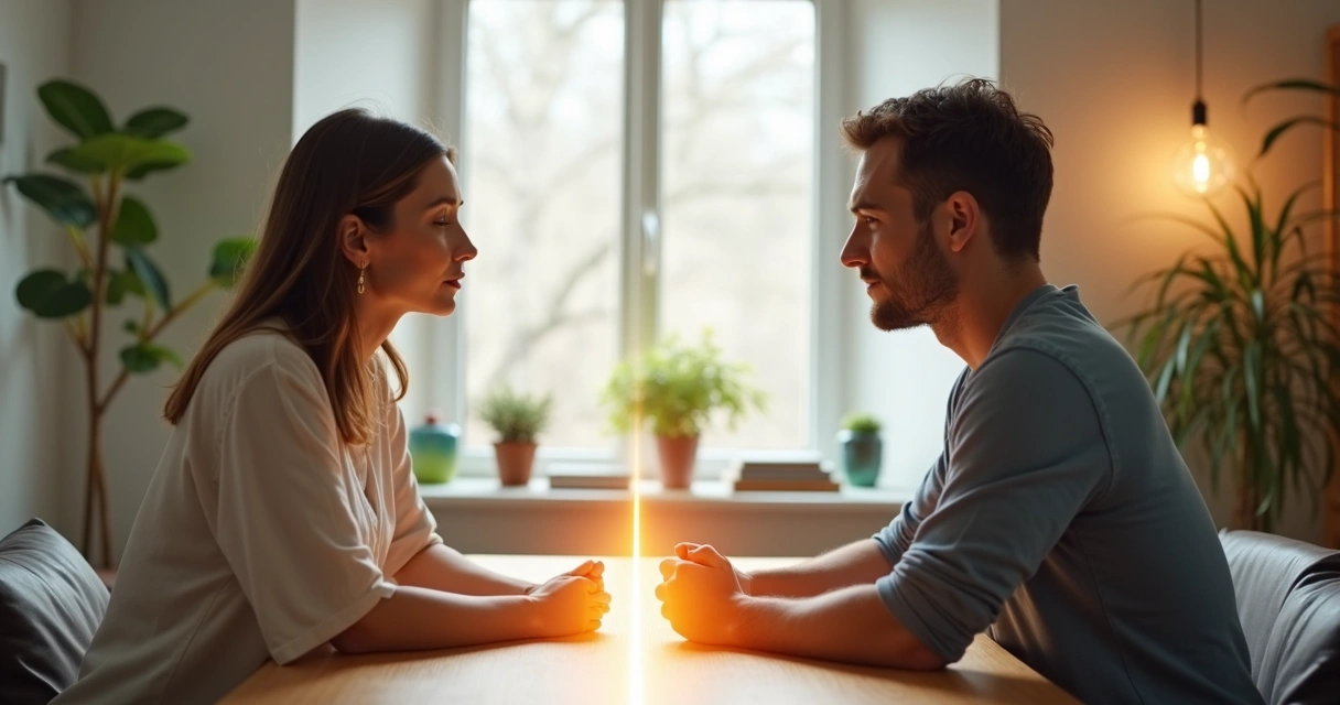 Pareja sentada frente a frente con una línea luminosa equilibrando su relación 