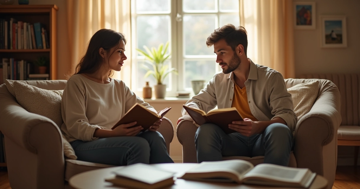Pareja compartiendo sala, cada uno en su espacio personal leyendo y relajado