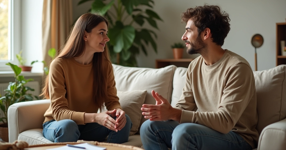 Pareja sentada en un sofá dialogando con calma y conexión 