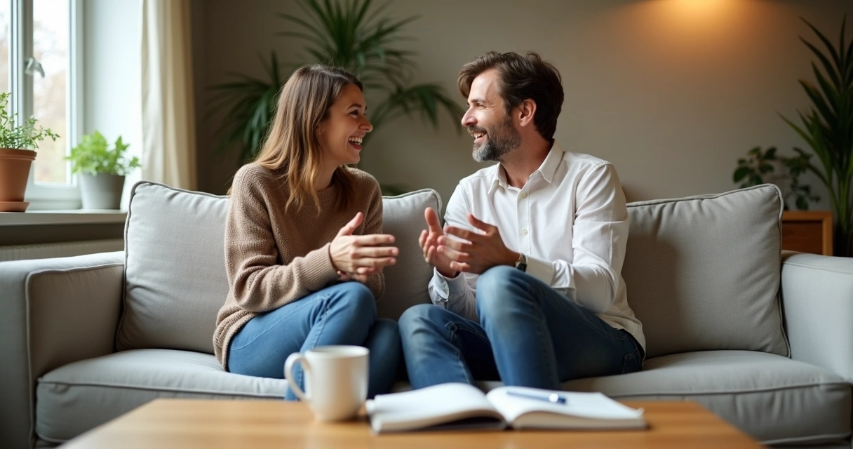 Pareja sentada conversando con calma y empatía en un sofá iluminado por luz natural 
