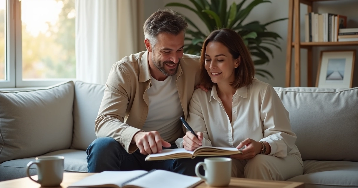 Pareja sentada en un sofá revisando juntos un cuaderno de acuerdos 