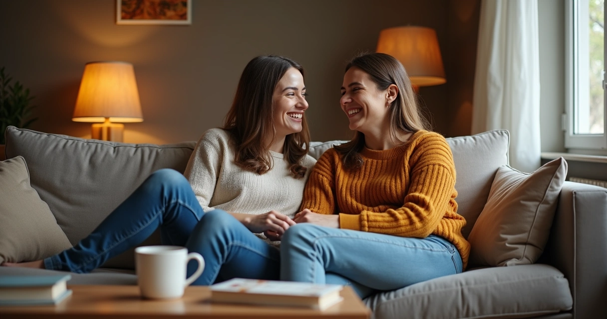 Pareja joven sonríe sentados en sofá, ambiente relajado, luz cálida