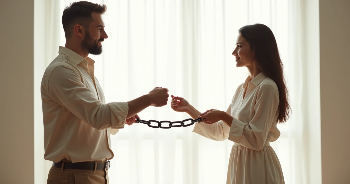 Dos personas rompiendo una cadena entre ellas 