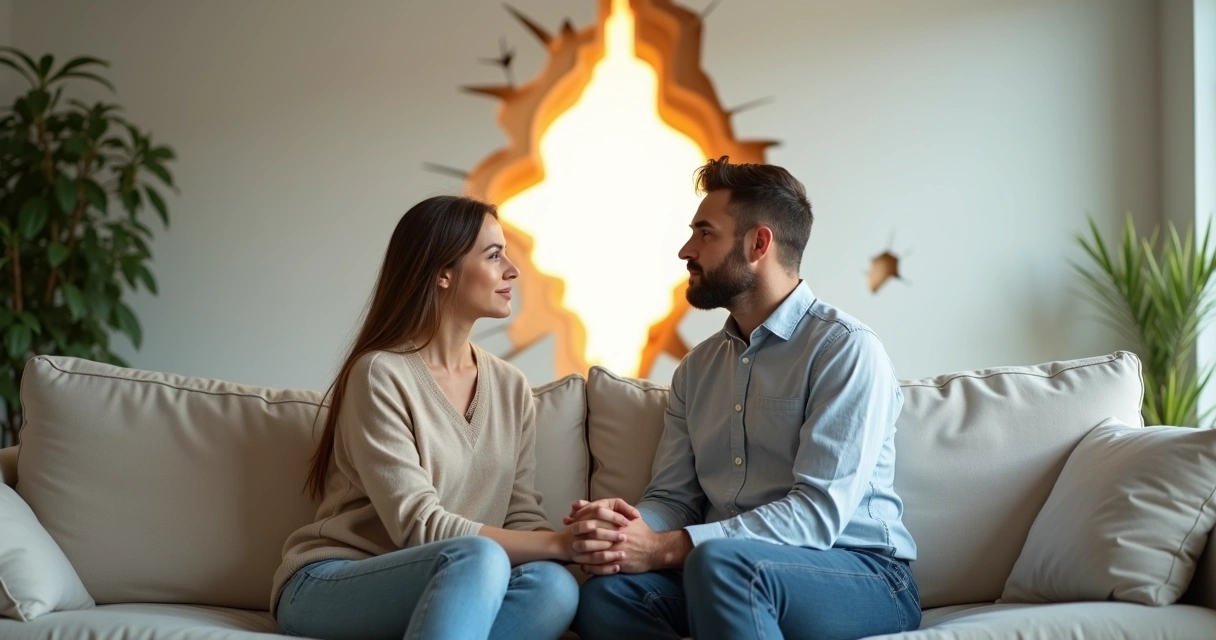 Pareja sentada frente a frente sosteniendo las manos con un muro roto detrás 