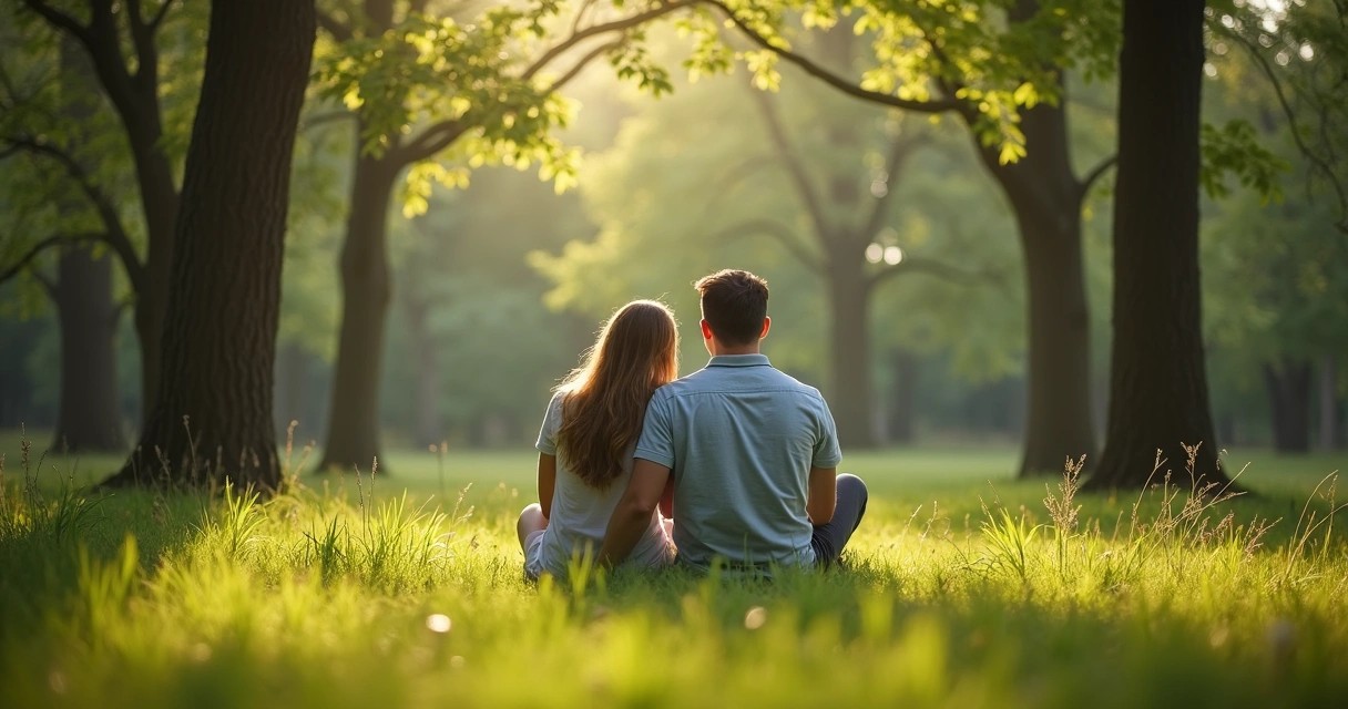 Dos personas sentadas juntas en silencio en la naturaleza 