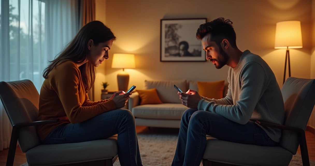 Pareja sentada en sillones separados, mirando sus teléfonos 