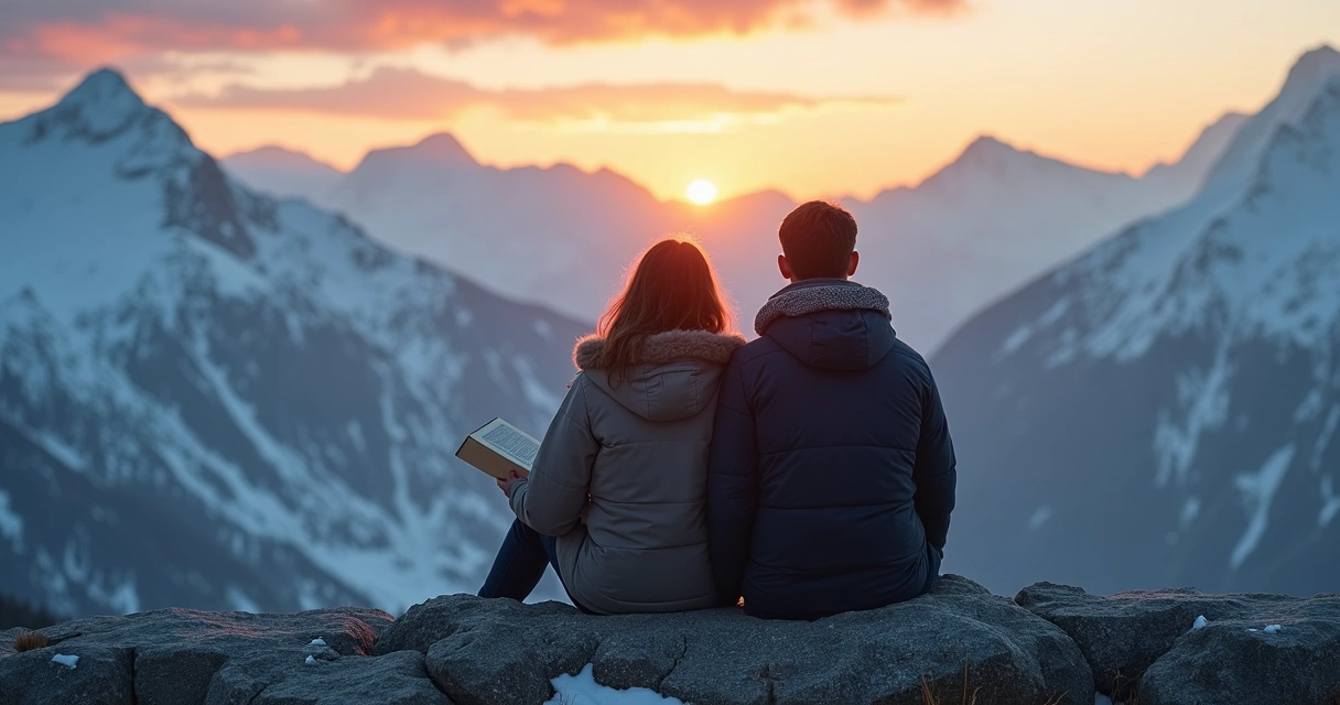 Pareja sentada juntos en silencio contemplando una montaña nevada al atardecer 