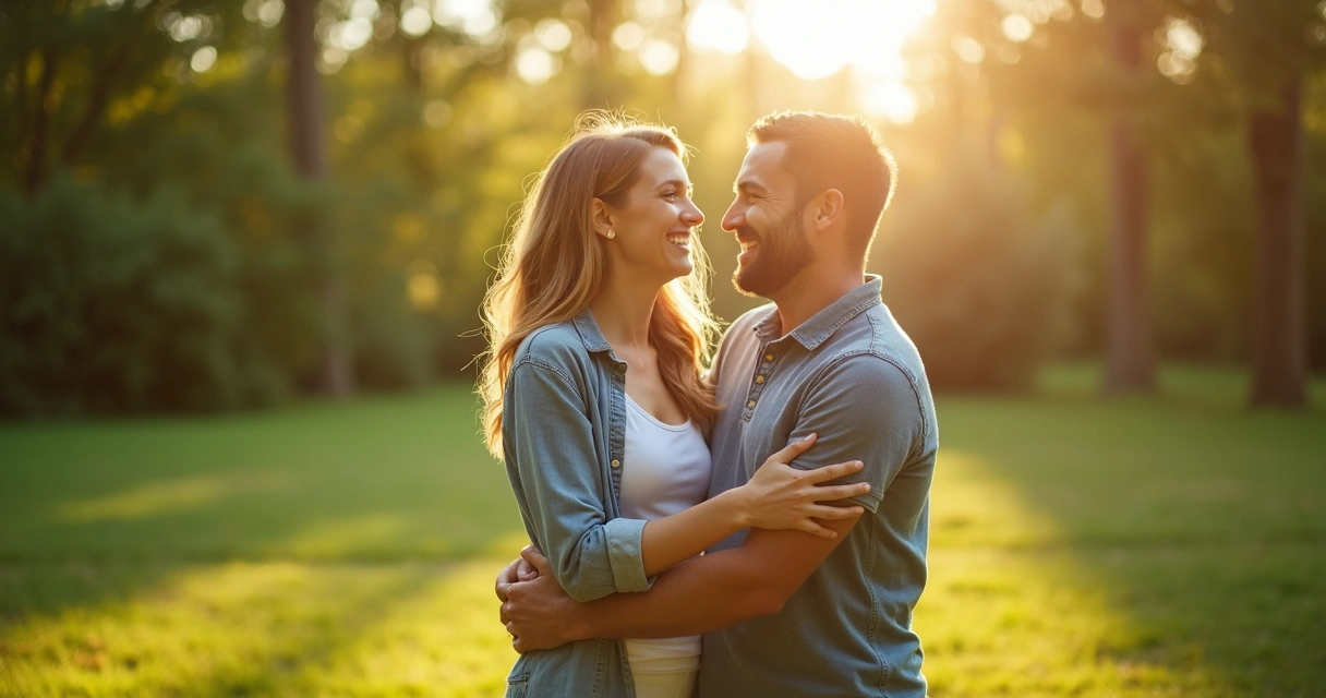 Pareja abrazados sonrientes en un entorno natural verde.