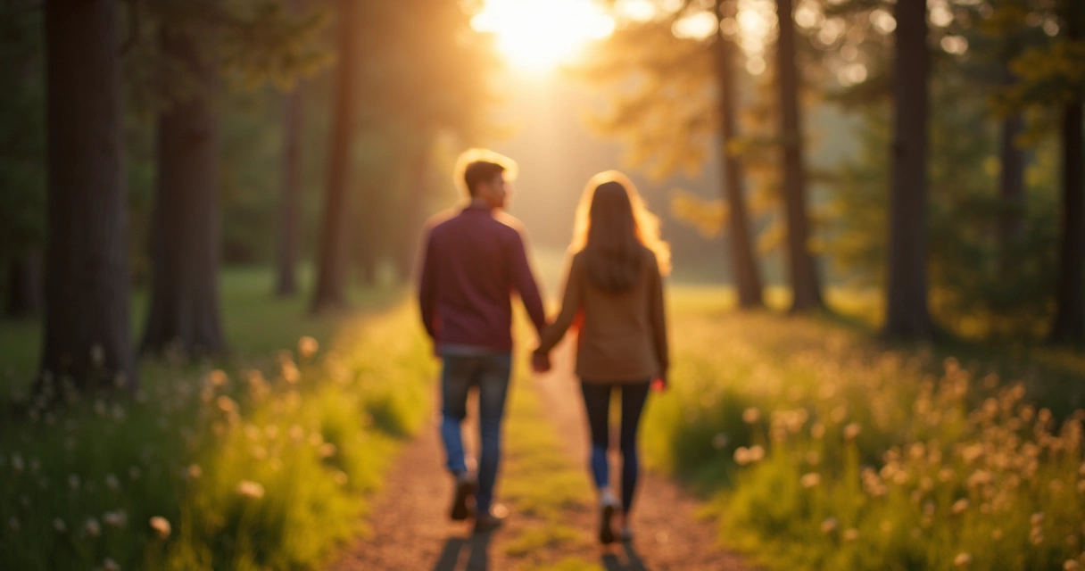 Pareja tomada de la mano caminando en la naturaleza
