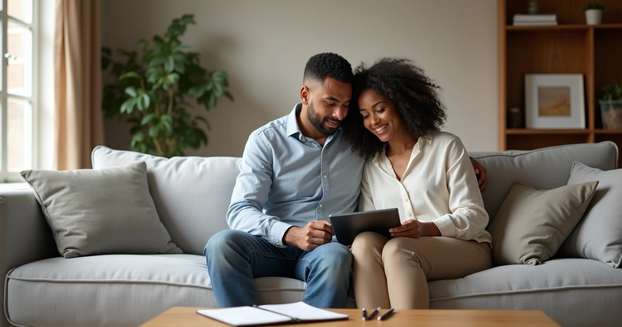 Pareja sentada en el sofá conversando y tomando una decisión juntos 