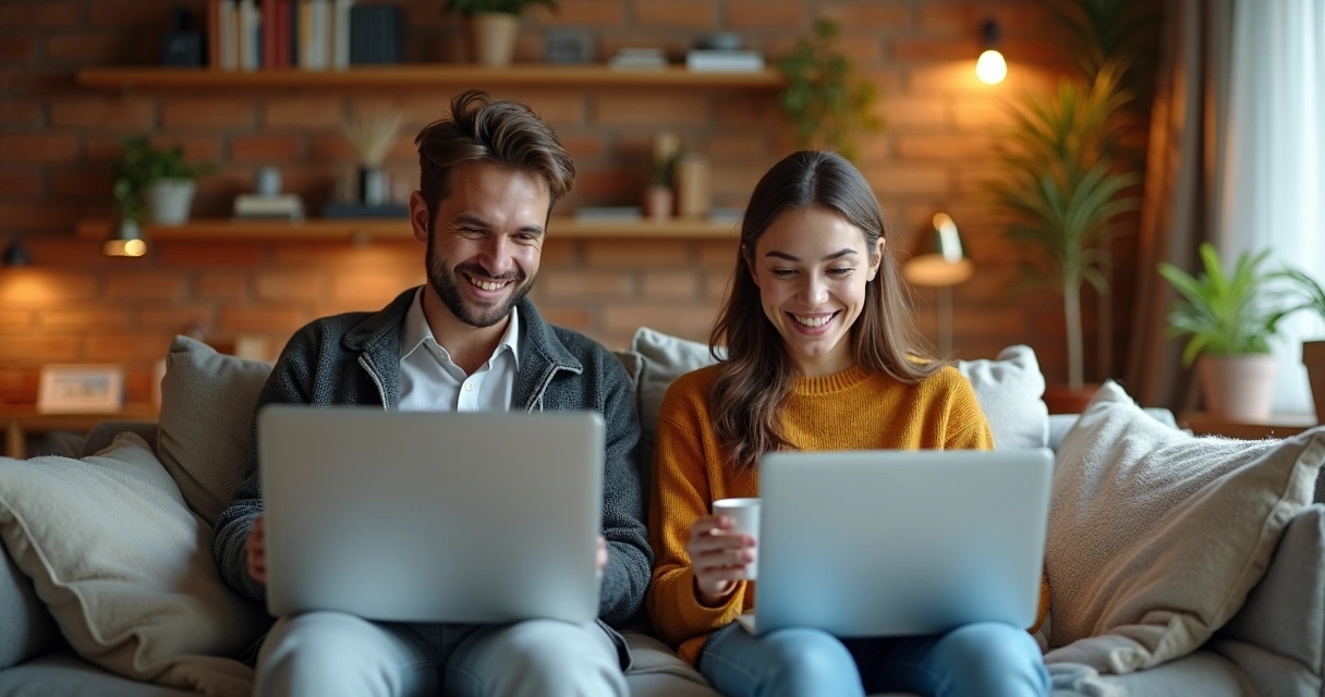 Pareja sonriente en videollamada con café en la mano 