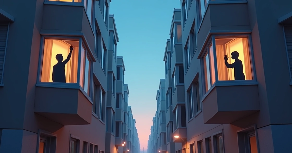 Dos viviendas separadas con parejas saludándose desde ventanas 