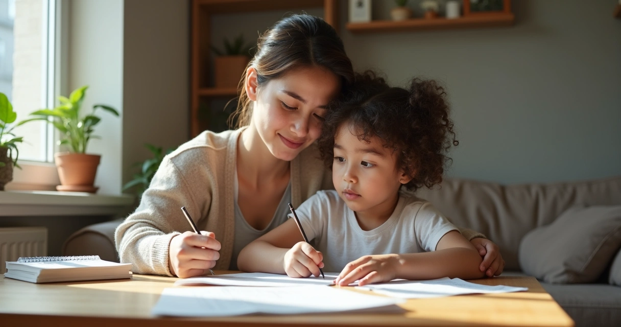 Parent and child working together on homework at a table