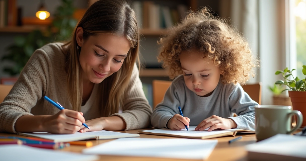 Parent and child writing together in journals 