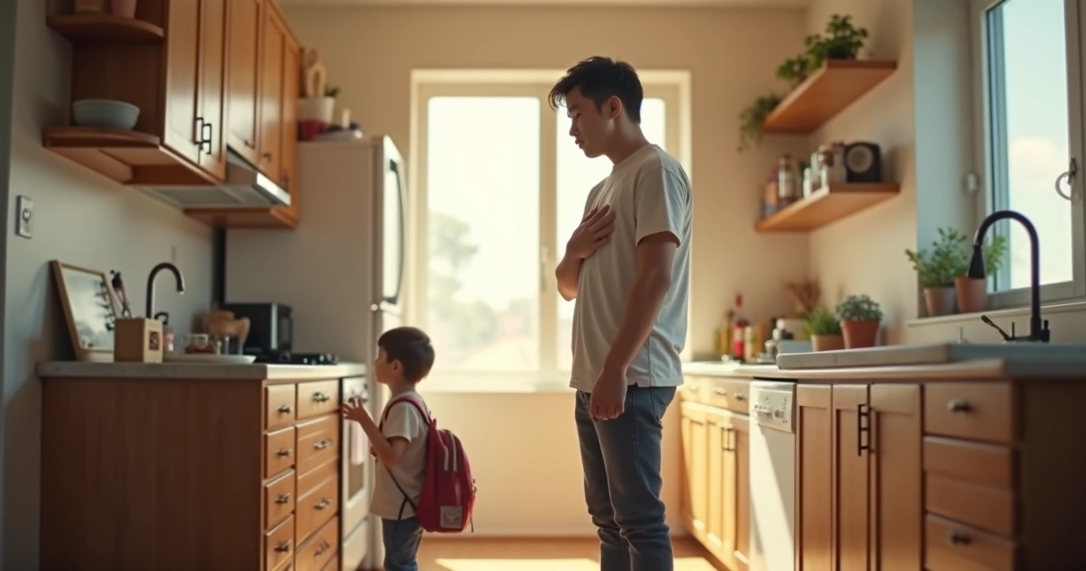 Parent pausing to breathe in a kitchen while a child waits nearby