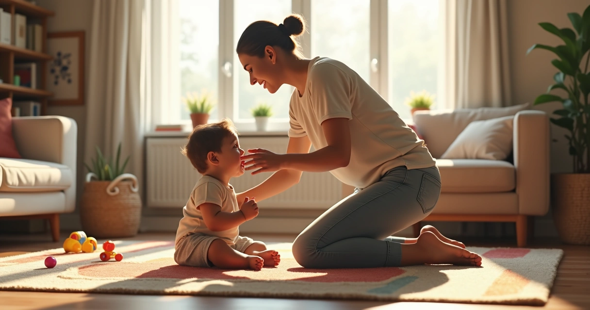 Parent gently comforting a toddler having a tantrum in a bright living room 