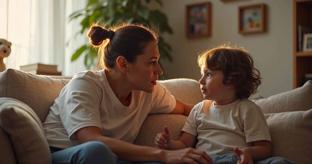 Parent and child sitting together, having an honest conversation at home 