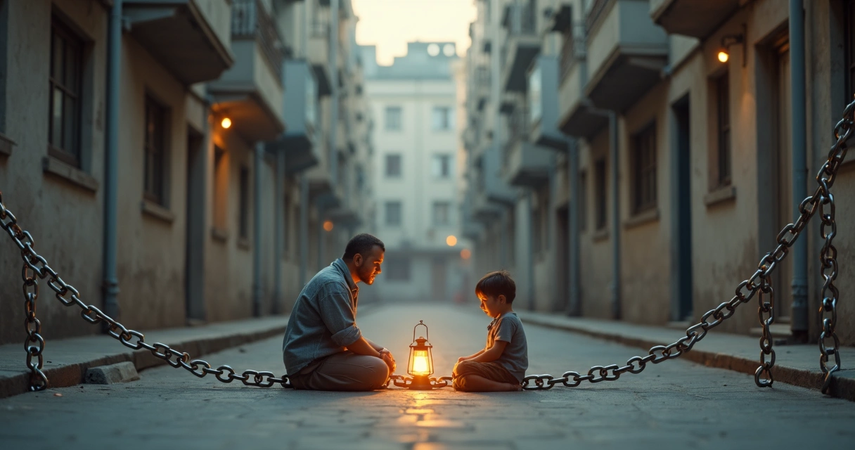 Parent and child sitting on opposite ends of a broken chain bridge between quiet city buildings 