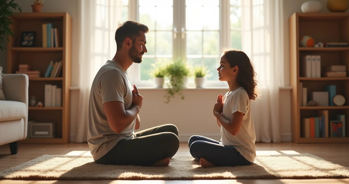 Parent and child sitting quietly and breathing together