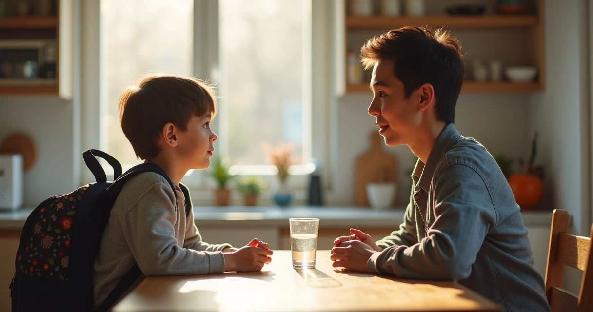 Parent and child talking calmly at kitchen table