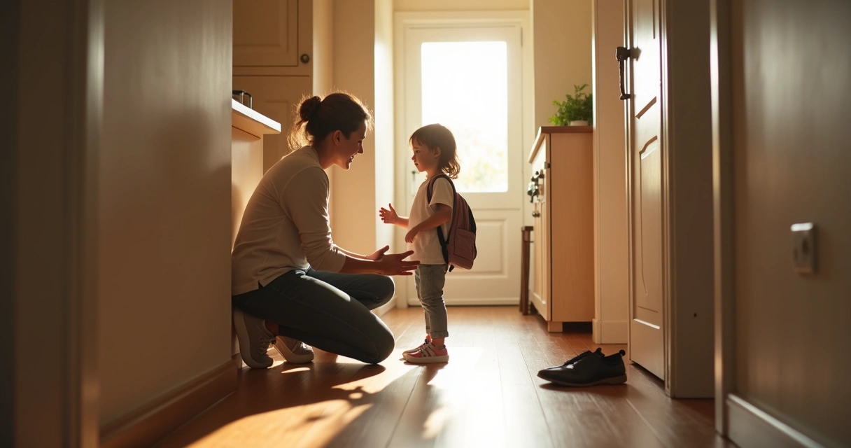 Parent kneeling to speak calmly with child in a hallway