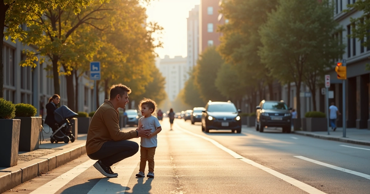 Parent and child talking near a city crosswalk 
