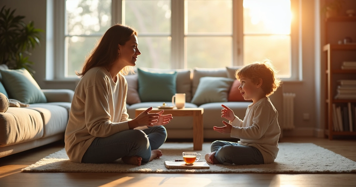 Parent sitting on floor talking calmly with child in cozy living room 