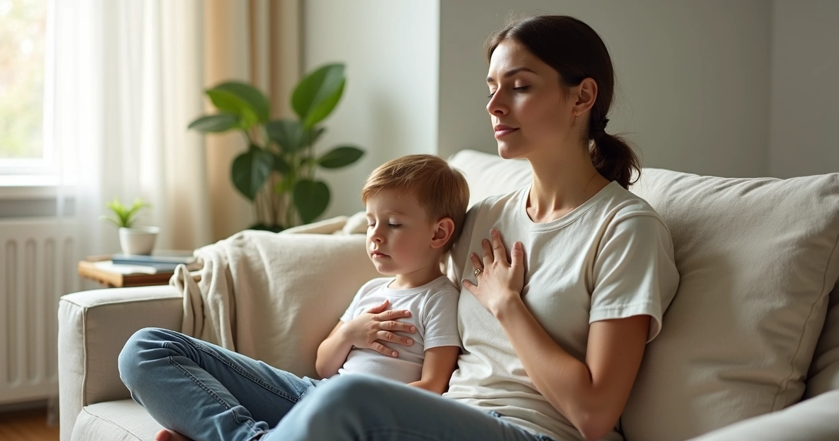 Mother and child sitting together on a sofa practicing calming breathing exercise 