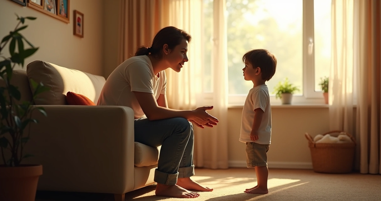 Parent listening to child while sitting on a living room chair 
