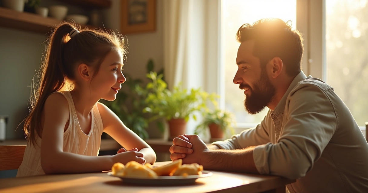 Father and young daughter talking at kitchen table 
