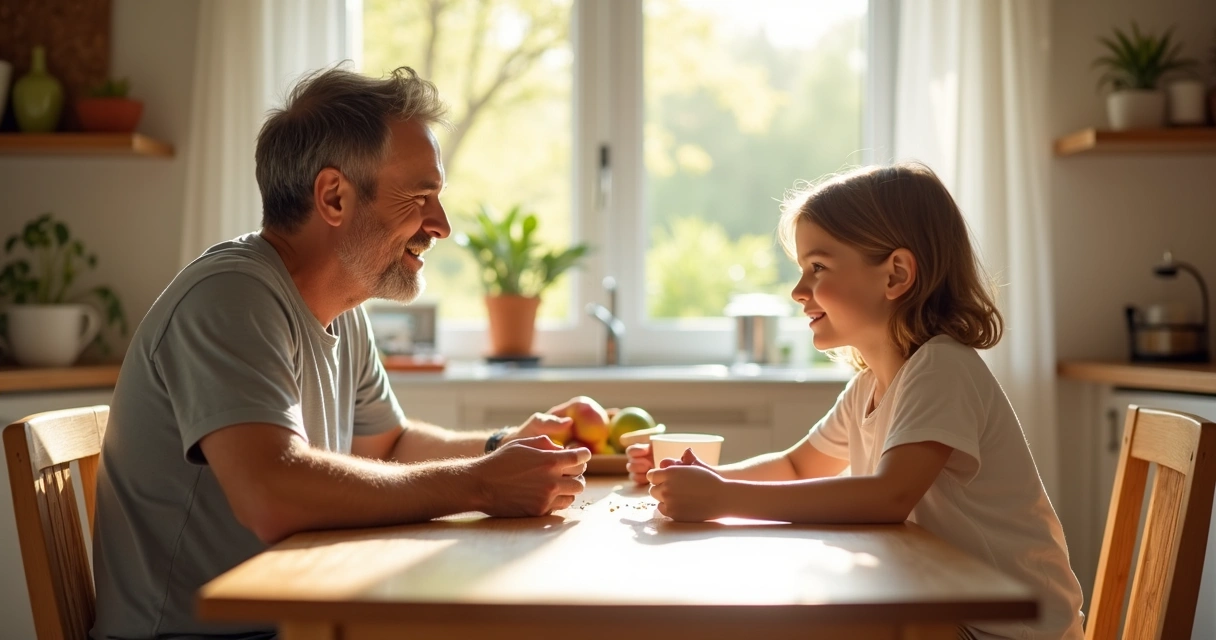 Parent and child having an open conversation at a kitchen table with sunlight 