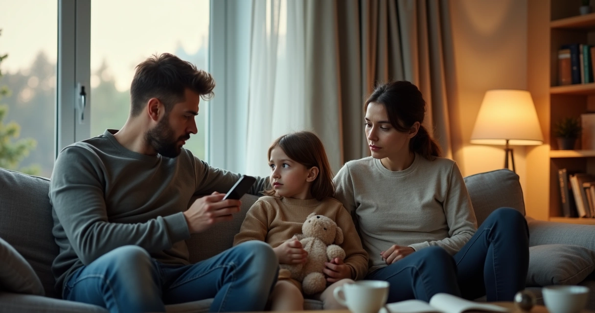 Parents and child on a sofa showing contrasting emotional distance and connection 