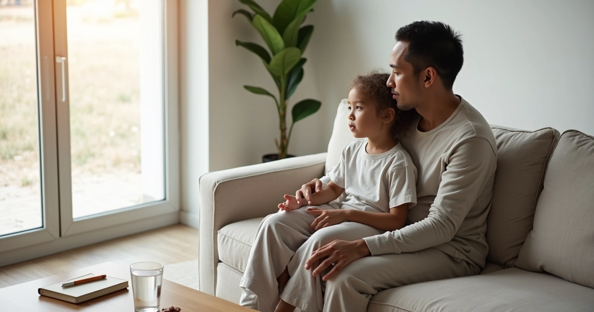 Parent and child sitting together on a sofa in a calm living room sharing a reflective moment 
