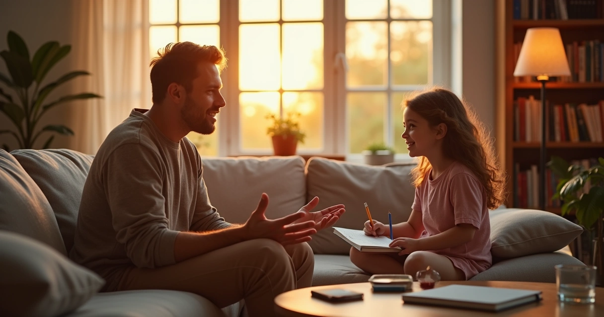 Parent and child sitting together on a couch having a thoughtful conversation 
