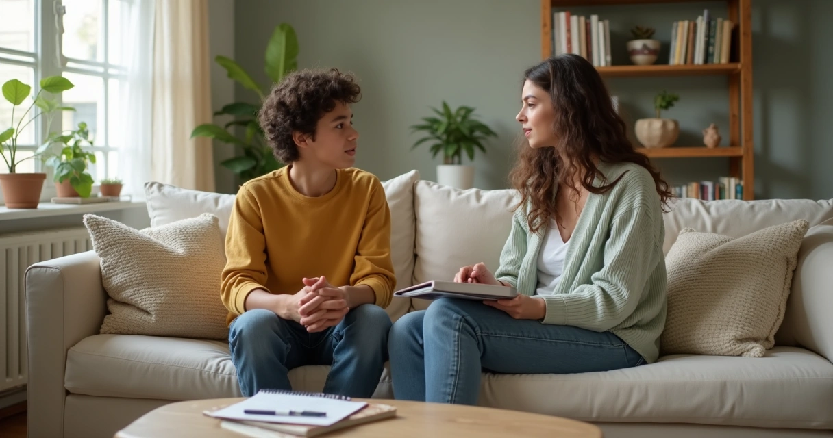 Parent and child talking calmly on sofa