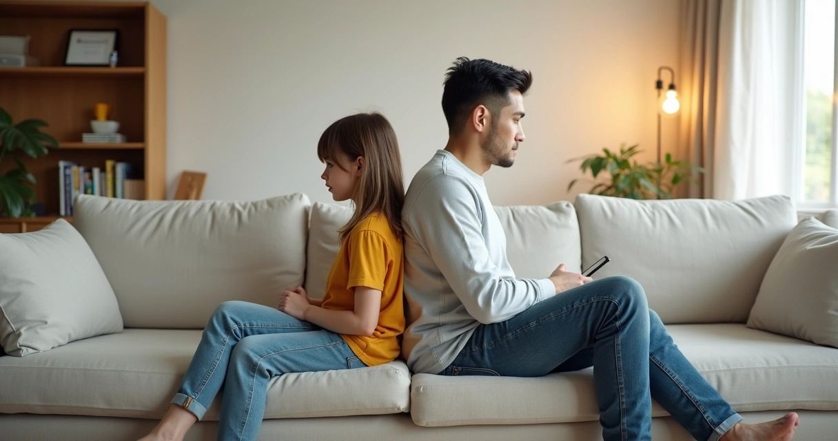 Parent and child sitting back to back in a living room with a subtle transparent wall of expectations between them 
