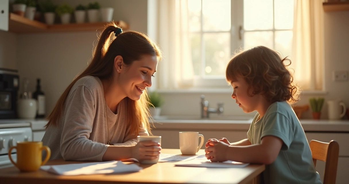 Parent and child having a calm kitchen talk