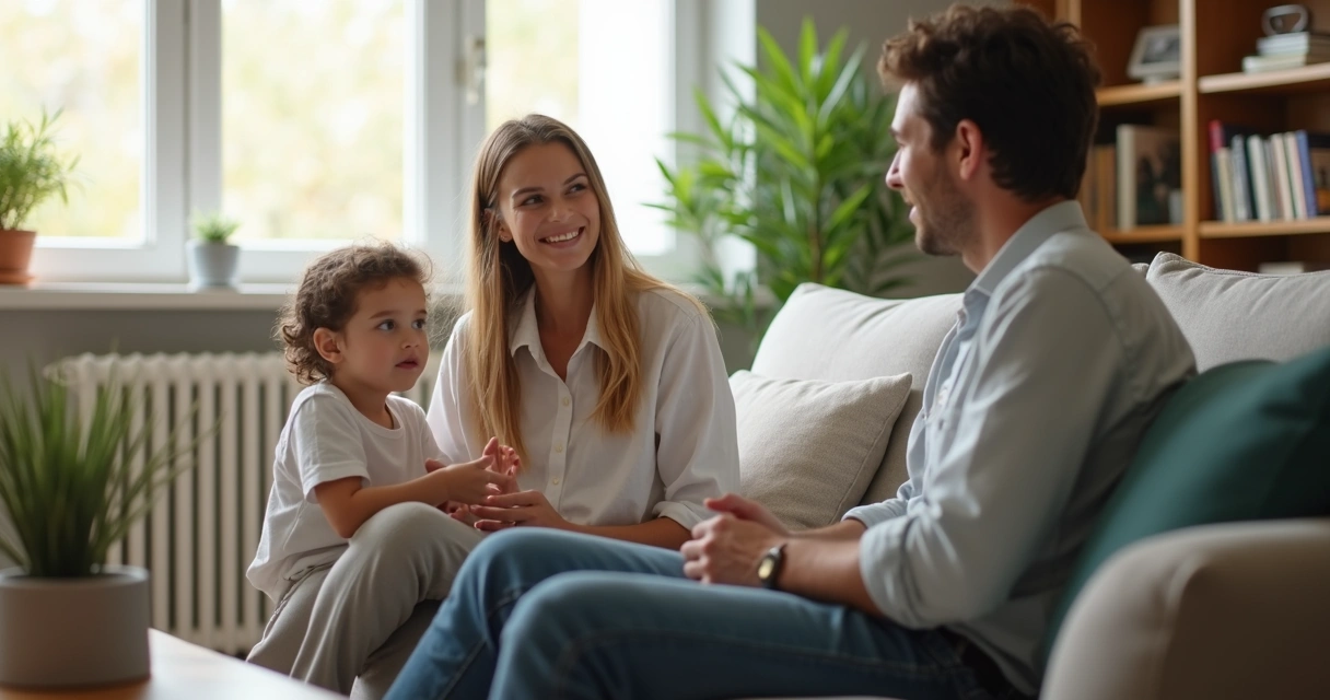 Parent listening to child on a sofa 