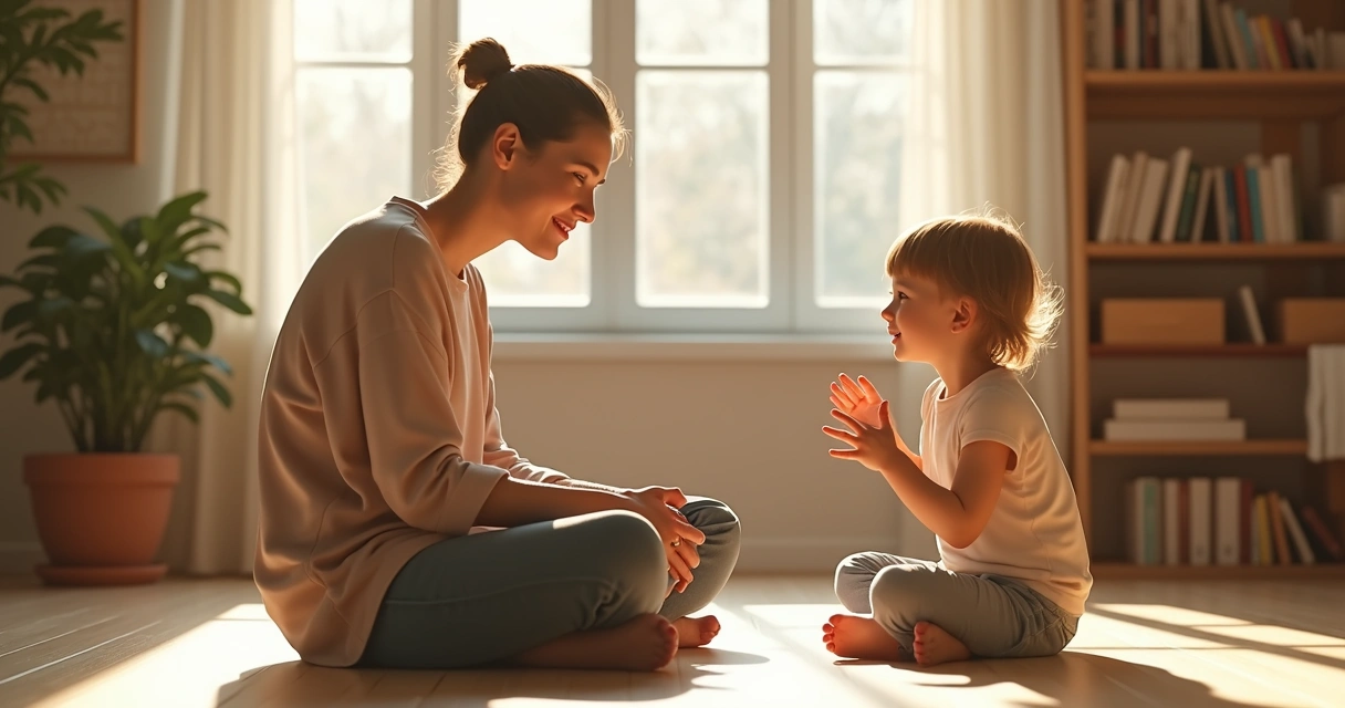 Parent sits on floor listening to child talk 