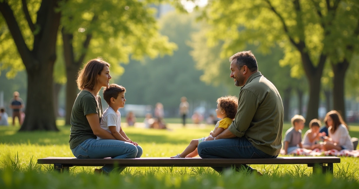 Adult and child listening to another family in a park conversation 