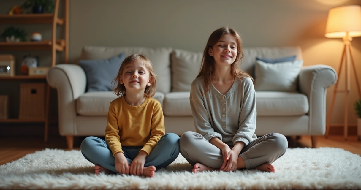 Pais e filhos meditando juntos em casa.