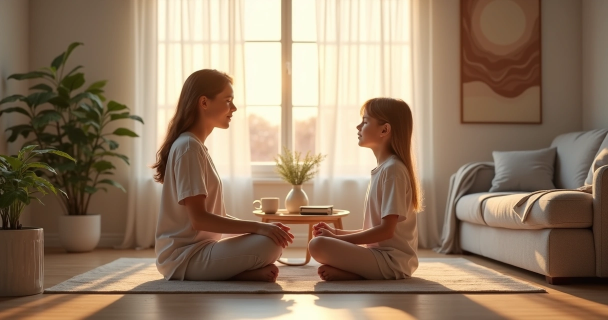 Parent and child meditating together on a living room floor 