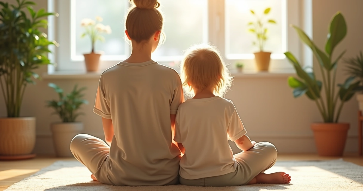 Parent and child sitting in meditation in a light-filled room 