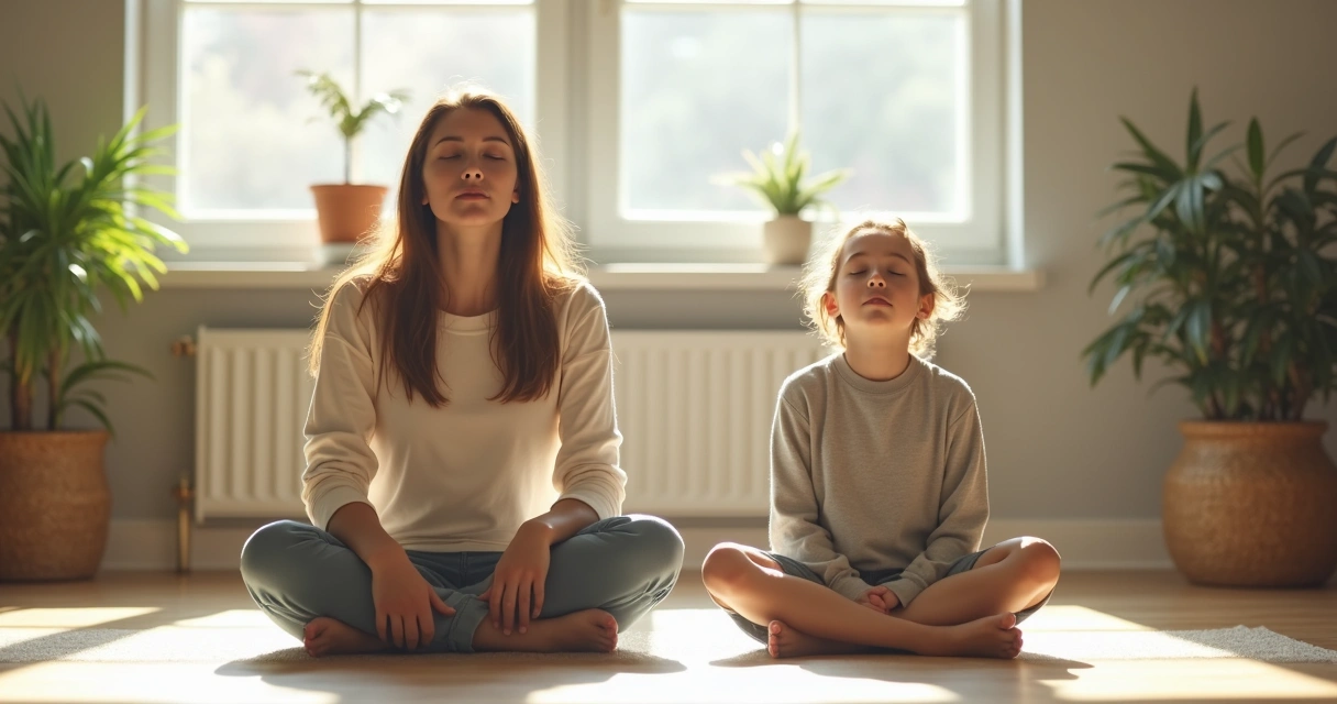 Parent and child sitting cross-legged on floor, eyes closed, meditating in sunlight