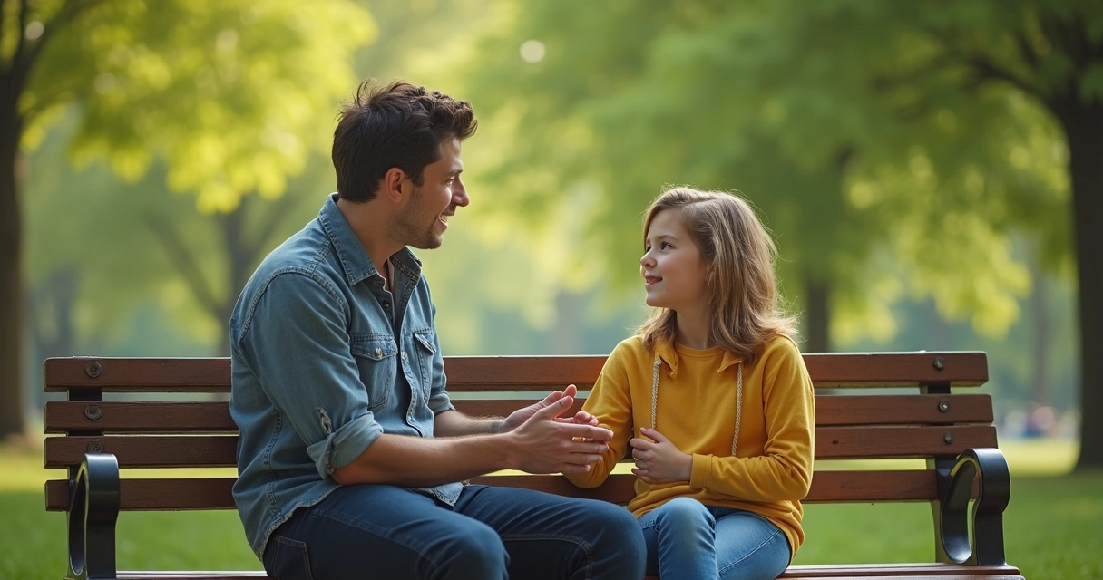 Parent and child talking on a park bench, both appearing thoughtful and engaged