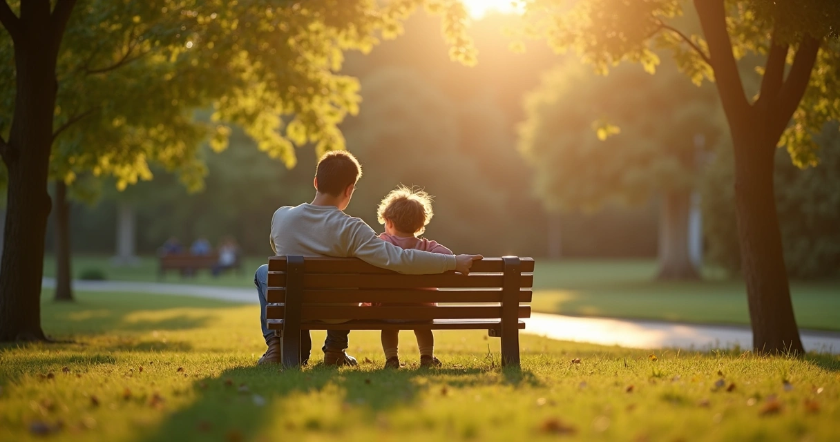 Parent gently comforting a child outdoors, sitting together on a park bench in soft afternoon light 