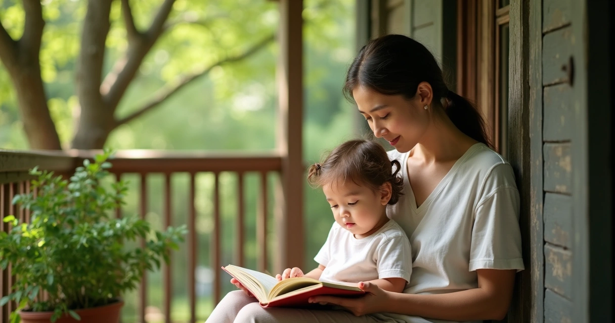 Mother and child on a quiet porch, reading together, sunlight filtering through green leaves 