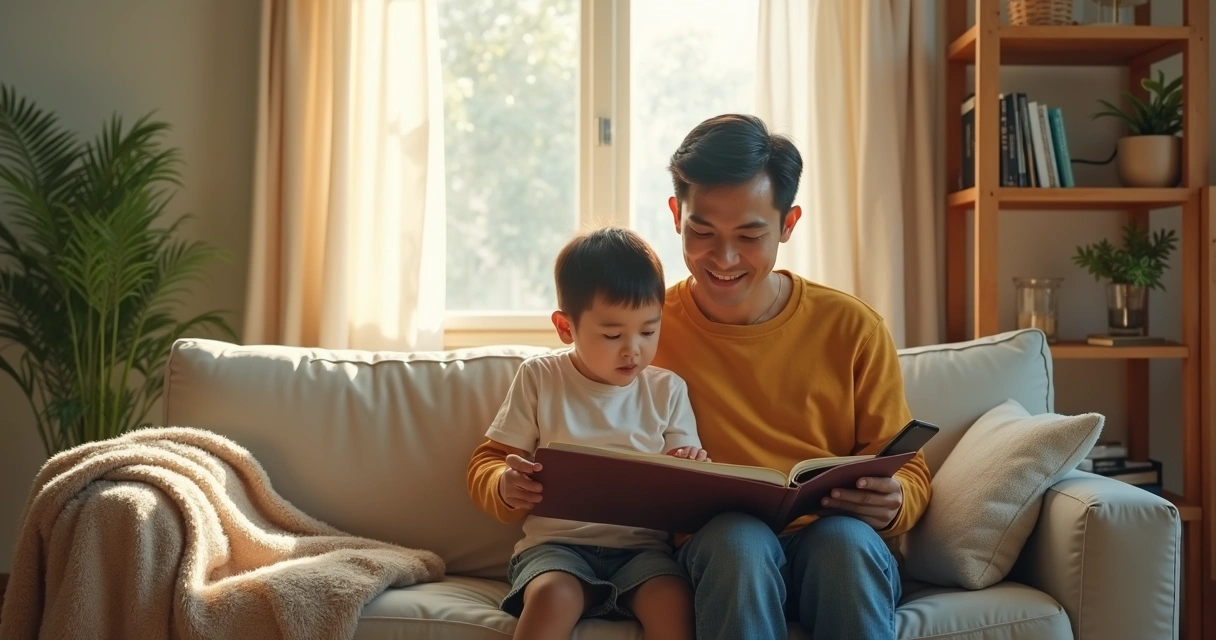 Adult and child reading together on a sofa without devices